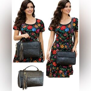 Tooled Black Leather Western Satchel Boho Tassel Crossbody Made in Mexico Piel